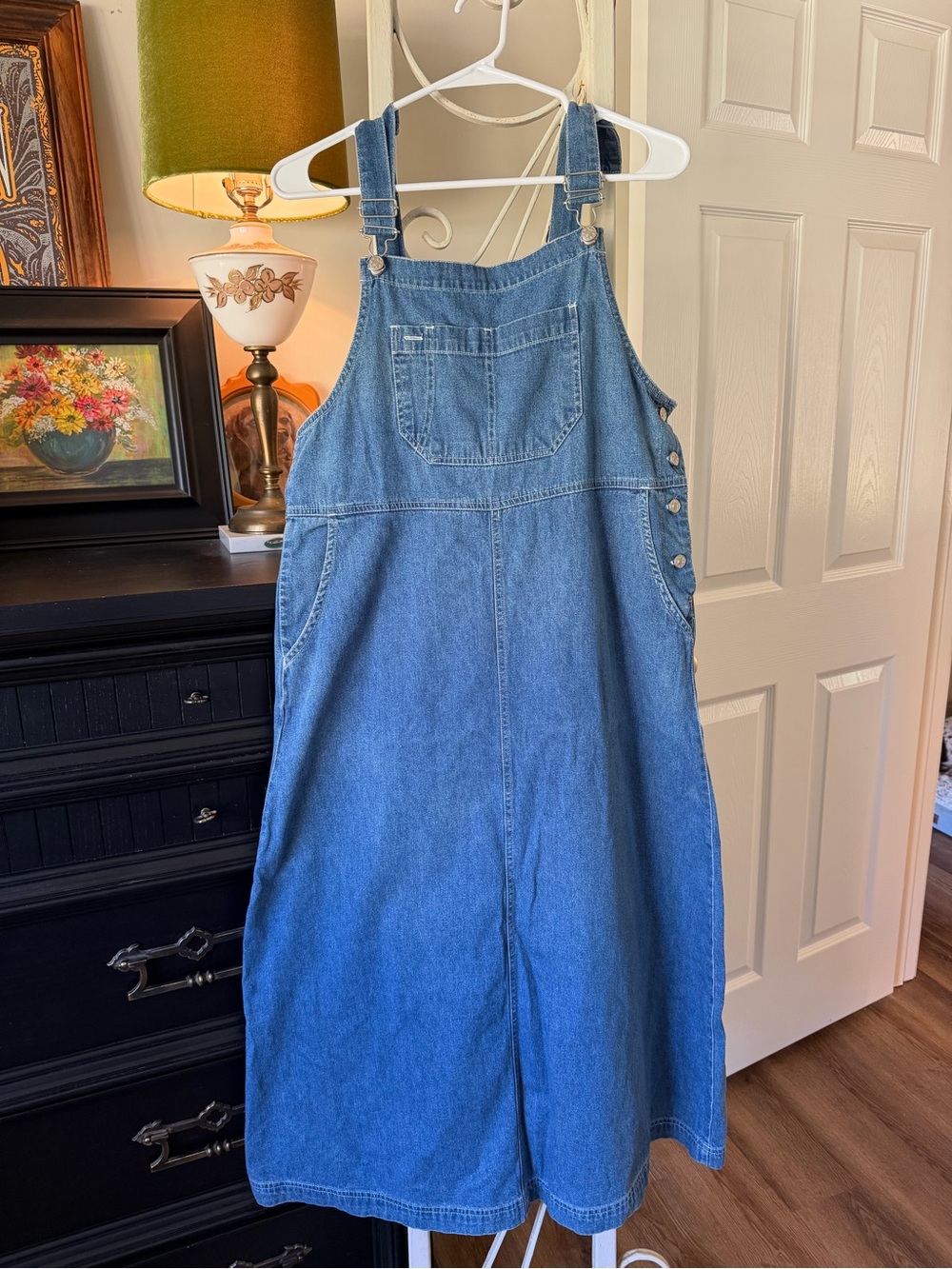 Vintage 90s Denim Overall Maxi Dress Women’s L Adjustable Strap Jumper